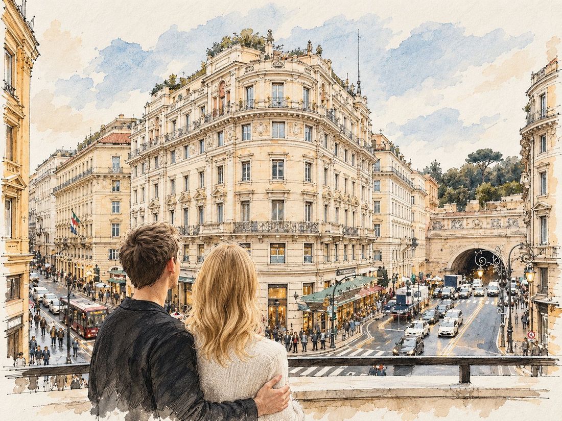 Acquerello di due persone che guardano il complesso da una terrazza