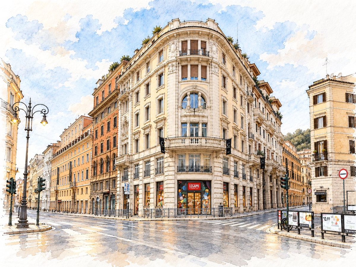 Acquerello del palazzo di Via del Tritone, a Roma, con la vetrina Legami al piano strada