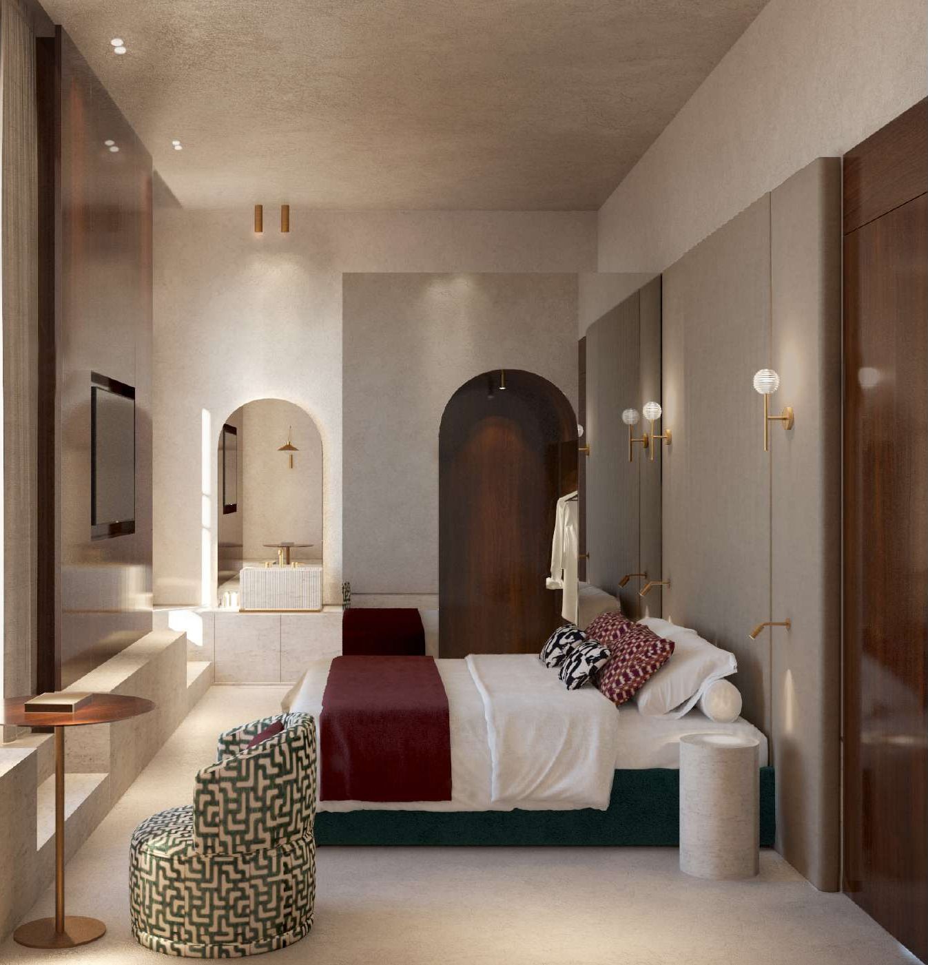 Render di una camera con nicchia ad arco