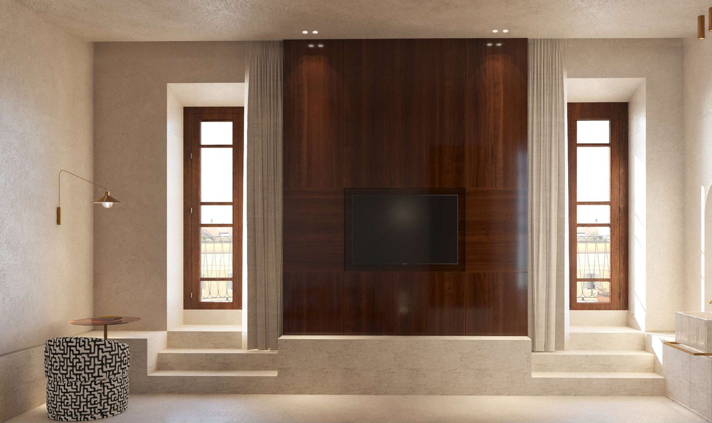 Render di una camera con boiserie in legno