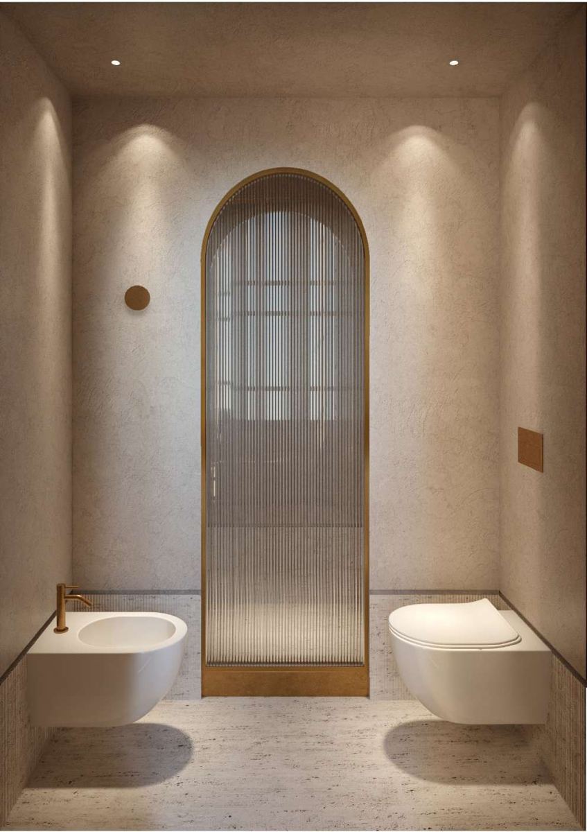 Render del bagno con porta ad arco in vetro