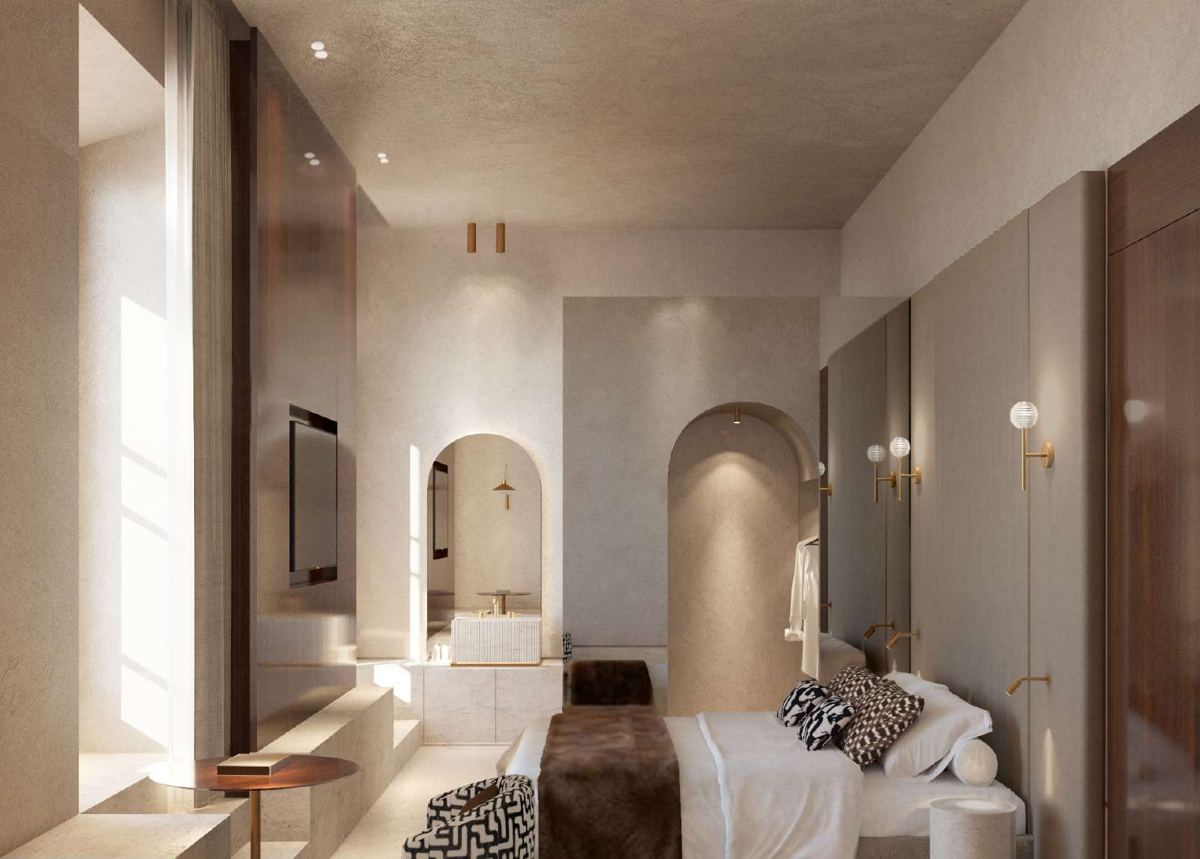 Render di una camera con finestra e arco in pietra